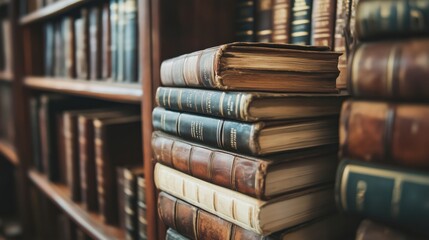 Poster - Old leather-bound books stacked on wooden shelf, vintage library atmosphere