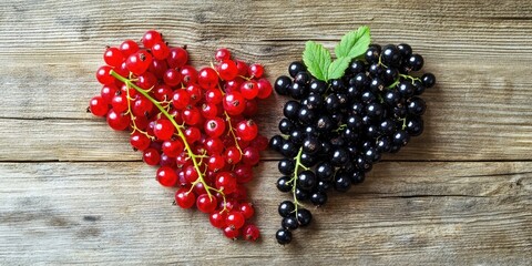 Poster - Black currants and red currants arranged in a heart shape on a wooden table.