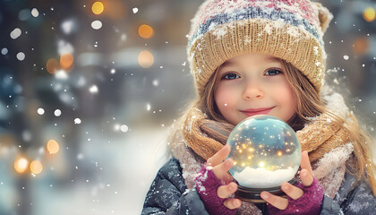 Poster - A young girl is holding a snow globe in her hand while wearing a hat and scarf