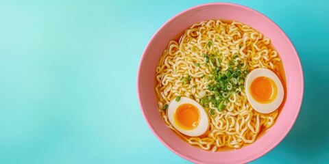 Poster - Japanese ramen noodle soup. Concept of traditional Japanese cuisine. A tasty and nutritious meal. Presented in a vibrant pink bowl against a pastel blue background.