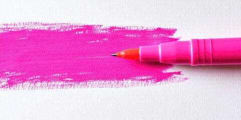 Poster - Bright electric fluorescent neon pink felt tip pen marker highlighter painting a large horizontal background, isolated on a blank empty white vertical copy space macro closeup.