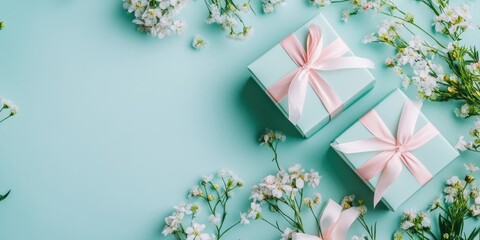 Aufkleber - Gift boxes tied with ribbon on a green pastel backdrop with copy space. Minimal concept of a spring holiday. Top view, romantic spring valentine background.