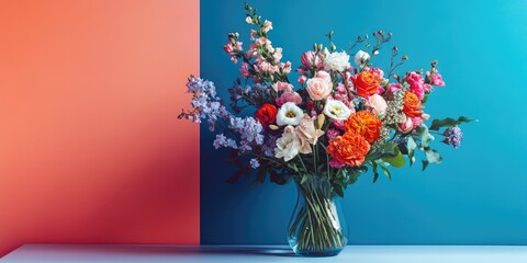 Poster - Vase filled with a stunning bouquet of flowers on a table set against a colored background.