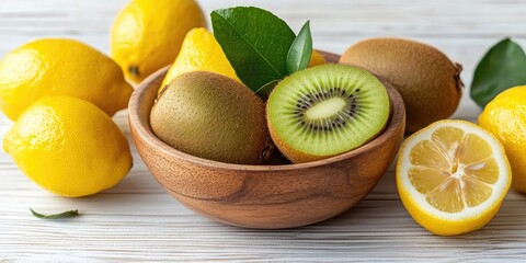 Poster - kiwi in a wooden bowl with lemons on a white wooden background. copy space.