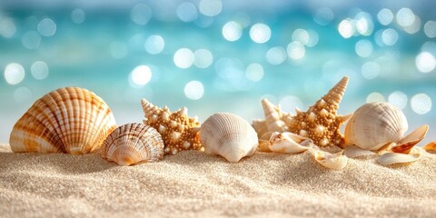 Poster - Tropical seashells with a sand backdrop - shallow focus