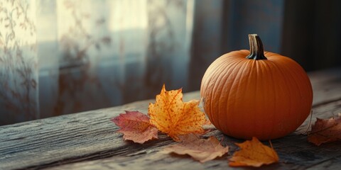 Poster - Orange pumpkin alongside autumn maple leaves on a wooden table. Background of the autumn harvest.