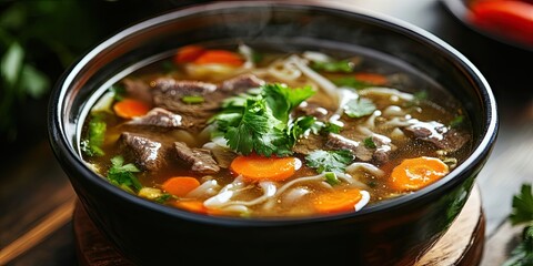 Poster - Clear soup with beef and noodles. Broth containing carrots, onions, and an assortment of fresh vegetables in a pot.