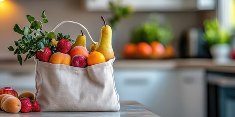 Poster - Fresh fruits in an eco cotton bag on a kitchen table, including apples, pears, apricots, and strawberries, embodying the zero waste trading concept. Ban plastic. Copy space.