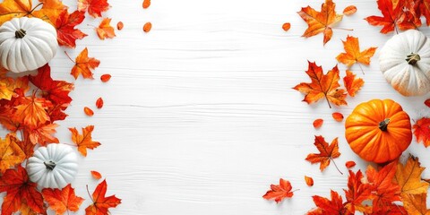 Poster - Freshly colored pumpkins and vibrant autumn leaves. Seasonal vegetables. Flat lay on a white wooden background. Top view. Copyspace for your text.