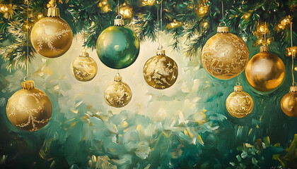 Poster - A painting of gold and green Christmas ornaments hanging from the ceiling