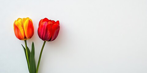 Aufkleber - A vertical image of two vibrant tulip flowers set against a white background, featuring space for your text.
