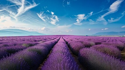 Poster - A field of lavender flowers with a clear blue sky in the background. The field is vast and stretches out for miles. Scene is peaceful and serene, with the purple flowers