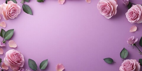 Poster - Purple paper card with space for text or copy, framed by lovely pink delicate roses along with petals and leaves. Floral feminine note.