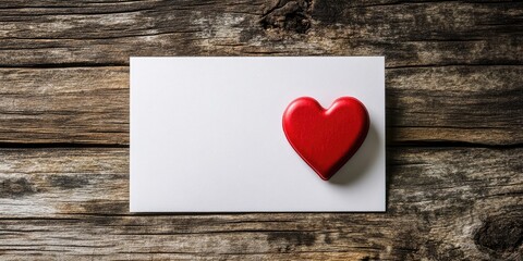Poster - Blank card with a red heart on a wooden surface