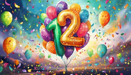 Balloon number 12, illustration for birthday or anniversary celebration, digital painting