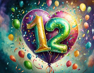 Balloon number 12, illustration for birthday or anniversary celebration, digital painting