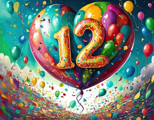 Balloon number 12, illustration for birthday or anniversary celebration, digital painting