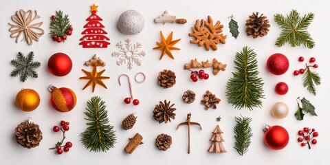 Wall Mural - Collection of different Christmas decorations on a white background. Top view, flat lay, copyspace.