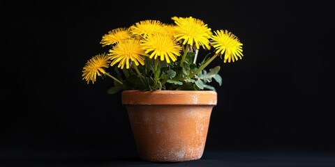 Poster - A small terracotta pot contains yellow dandelion and wattle flowers. This is a close-up nature image set against a black background.