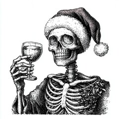 Skeleton in Santa hat holding a drink