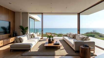 The interior design of a contemporary living space within a beachside residence is situated right by the coast.