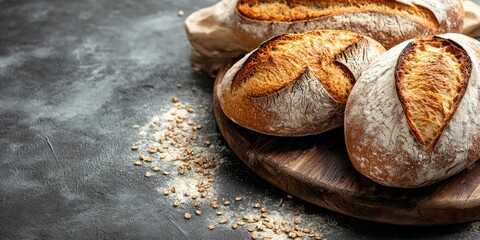 Poster - Sourdough bread. Freshly baked organic whole wheat bread. Selective focus, copyspace.