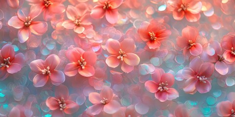 Aufkleber - A beautiful, minimal, vibrant close-up top view flat lay image of small artificial flowers on a bright background, featuring copy space and enchanting shiny vintage retro light effects and bokeh.