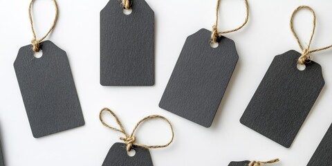 Black Friday sales tags idea. Grey paper tags on a white background. Flat lay, top view, copyspace.