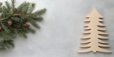 Poster - Spruce branch alongside a wooden Christmas tree on a grey background, copy space