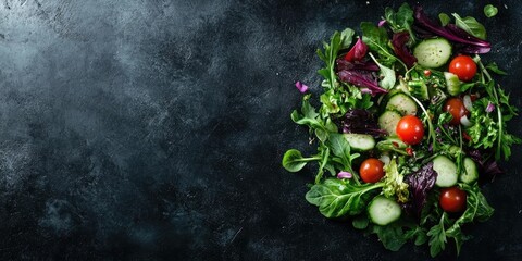 Aufkleber - Fresh spring vegetable salad, dark concrete backdrop copyspace