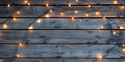 Wall Mural - Christmas background featuring Christmas lights on aged wooden planks.