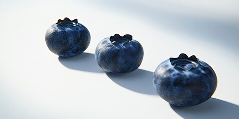 Aufkleber - Close-up of isolated blueberries on a white background casting a soft shadow. Ripe, delicious blueberries up close on a light table background. Perfectionism.