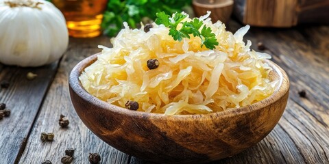 Poster - Bowl of delicious sauerkraut on a wooden table