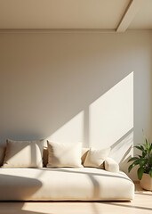 Poster - The modern interior design features a spacious living room with a comfortable beige sofa placed against a soothing light colored stucco wall.