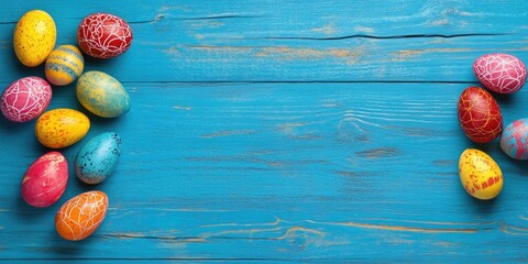 Aufkleber - Brightly colored Easter eggs on a blue wooden background. Top space available for text.
