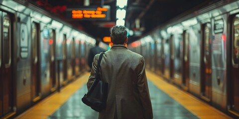 A professional businessman waiting for the subway, embodying the hustle and bustle of city life. This image reflects the modern urban lifestyle and the daily commute of professionals.