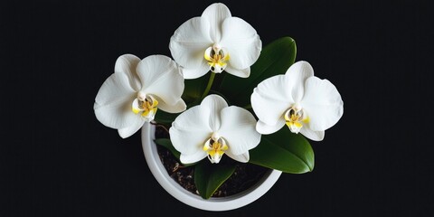 Aufkleber - Top view, featuring three white orchid flowers in a white pot isolated against a black background for design or stock photo purposes, showcasing floral summer and tropical plants.
