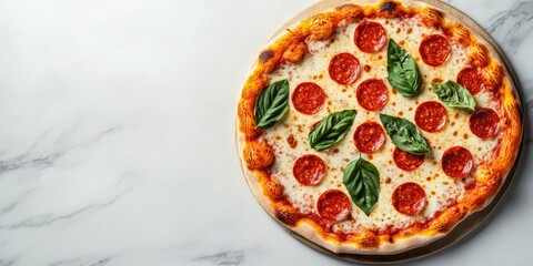 Aufkleber - Top view of Margherita and pepperoni pizza with basil, featuring copy space.