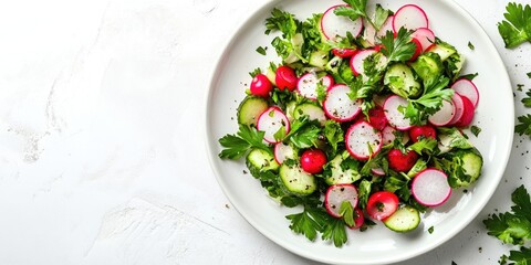 Poster - Fresh radish salad with parsley on a white background. Top view, copyspace. Spring and summer vegetable salad on a white plate.