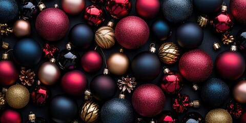 Aufkleber - Top view of a collection of dark and vibrant Christmas ornaments for an abstract holiday season background design.