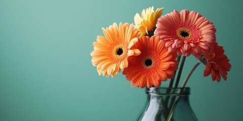 Poster - Closeup of a vase containing gerbera flowers against a green background.