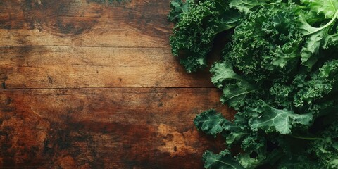 Canvas Print - Fresh kale leaves on a wooden table, close up. Room for text.