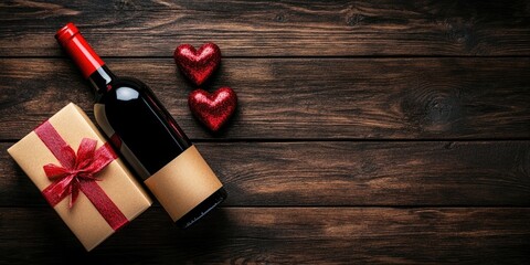 Aufkleber - Valentine's Day greeting card. Wine and gift box on a wooden table. Top view with copyspace.