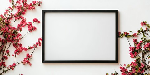 Sticker - black wooden frame against a white background with flowers, copyspace for greetings