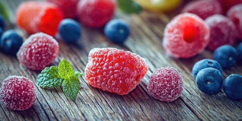 Poster - Berry and fruit pastille on a wooden surface.