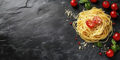 Aufkleber - Spaghetti dish on a black stone backdrop with space for text.