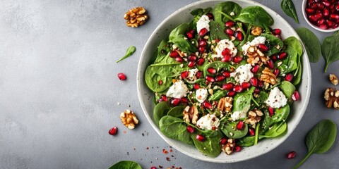 Poster - Fresh, nutritious vegetarian salad featuring spinach, pomegranate seeds, walnuts, saffron, pepper, and ricotta on a gray background. Selective focus. Top view. Copyspace for text.