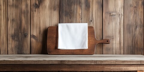Aufkleber - Vacant wooden table featuring a cutting board and a white napkin set against a wooden backdrop.