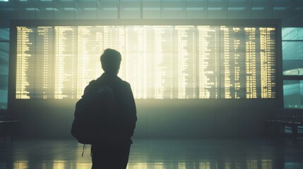 Traveler with a backpack checks the flight schedule in an airport terminal, waiting for adventure under soft light