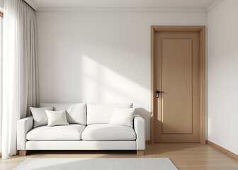 Poster - The white sofa is situated adjacent to a wooden door in this contemporary Scandinavian style living room interior design space.